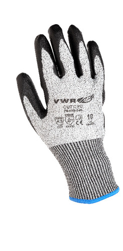 VWR* Protection gloves with cut level C, salt and pepper HDPE polyamid yarn, grey polyurethan palm coated, EN388 level B, ANSI A2, size 10 (XL), bundle of 10 pairs in plastic bag with CE UIS, carton of 100 pairs, Size: 10