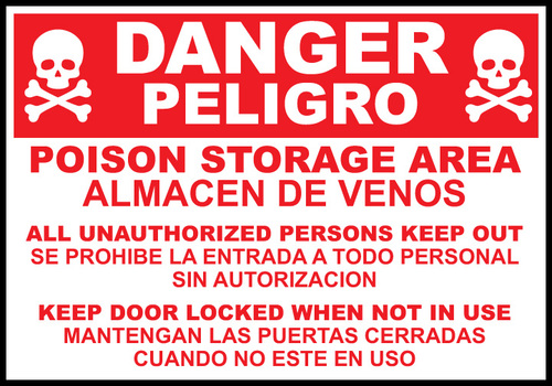 ZING Green Safety Eco Safety Sign Bilingual,DANGER, Poison Storage Area All Unauthorized Persons Keep Out Keep Door Locked When Not In Use