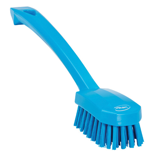 Brush Utility Medium 10.2in Pp/Pbt Blue, small, light-weight brush has a broad head and an ergonomically angled handle, design raises, user's hand from, cleaning surface reducing, risk of injury. Suitable for cleaning small surface areas, tables, pots, cutting boards, etc.