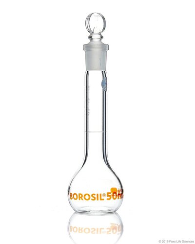 Wide Mouth Volumetric Flask with Interchangeble Solid Glass Stopper, Material: 3.3 Borosilicate Glass, Color: Clear, Capacity: 50 mL, Class/ Quality Grade: Type I, Class A, Tolerance: 0.08 mL,