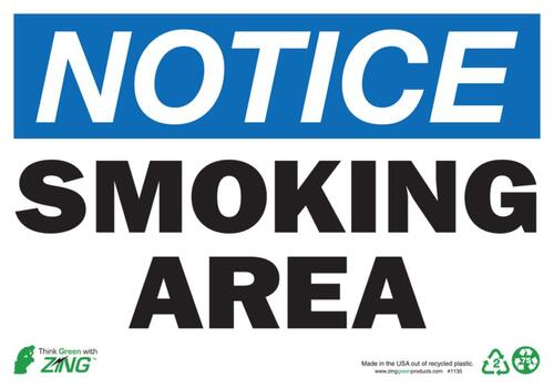 ZING Green Safety Eco Safety Sign, NOTICE Smoking Area