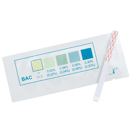Kit, Alcohol test strip, rapid and highly sensitive method to detect the presence of alcohol in saliva to provide an approximation of relative blood alcohol concentration (BAC) at 0.02% or greater, Specificity: Methyl, Ethyl & Allyl Alcohols, Time to result: 2 minutes