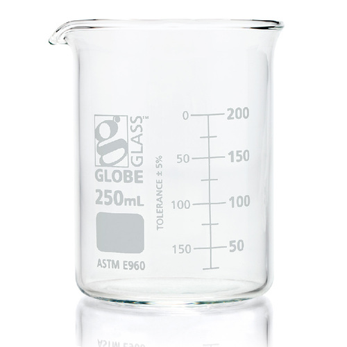 Beaker, Low Form, Glass, Griffin style, Height: 95mm, Graduation interval: 25ml, Graduation Range: 25 to 200ml, Size: 250Ml