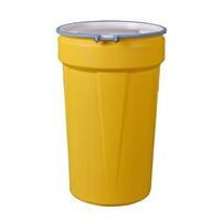 Lab Pack Open Head Poly Drum, 55 Gal, Metal Bolt Ring, 1x2in 1x3/4in Bung Holes, Yellow, Dimensions, Exterior: 23.75in (60.3 cm) Top, 19.38in (49.2 cm) Bottom, 39.125in (99.4 cm) Height