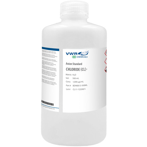 VWR Chloride (Cl)- Single-Element Ion Anion Standard, Concentration: 1,000 ug/mL (1,000 ppm) in H2O, Size: 500mL