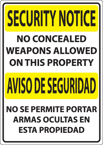 ZING Green Safety Concealed Carry Sign, Security Notice No Weapons, Bilingual
