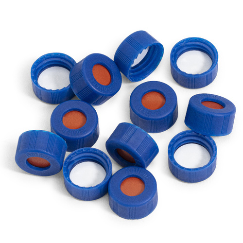 Cap, screw, blue, PTFE/red silicone septa. Cap size: 12 mm