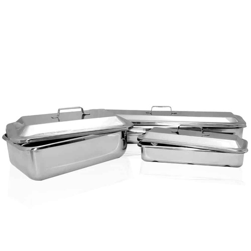 Stainless Steel Instrument Tray & Cover Sets, Various Sizes, Ideal for storing or soaking dissection instruments. Can be used in conjunction with Eazy Soak Instrument Cleaner – BE046.Material:  Stainless steelEach set comes with 1 pan and accompanying cover