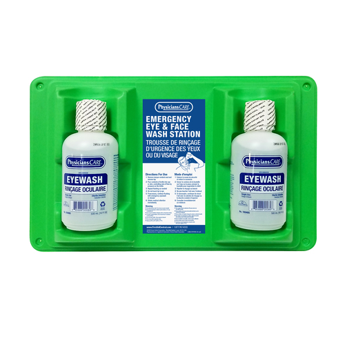 Eyewash Station, Double Bottle 500Ml 16Oz, Wall Mountable eye wash station, includes eyewash solution bottles. Used for flushing or irrigating the eyes to remove foreign material/chemicals and to relieve itching and burning.
