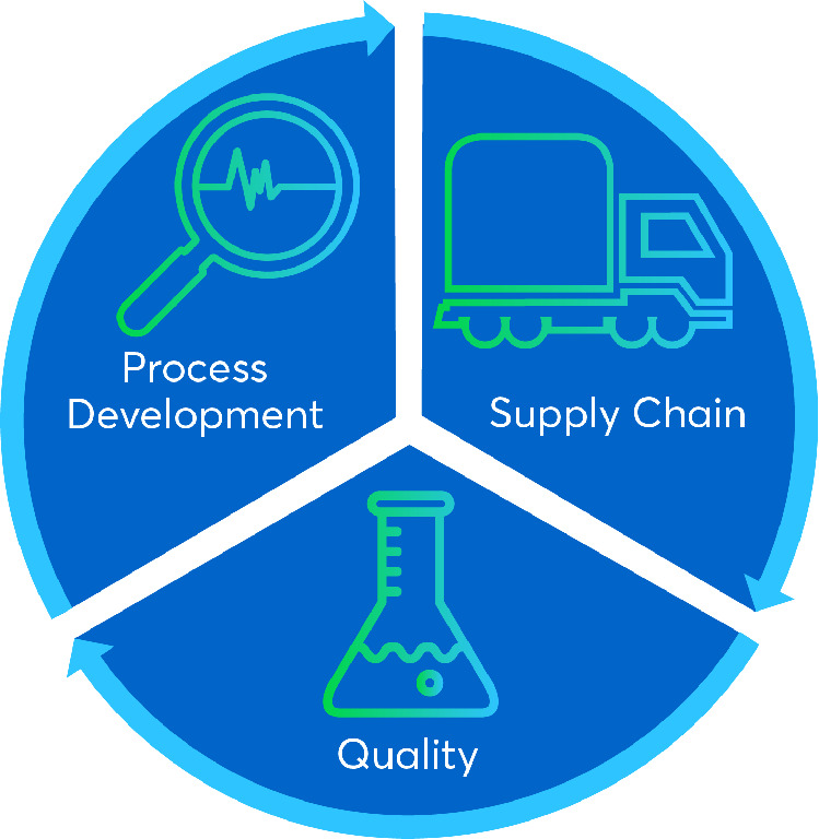 Pie chart of Process Development, Supply Chain, and Quality in three equal parts.