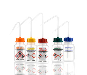 Safety wash bottles, wide neck, with printed name