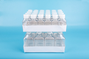 Tray packed square PET media bottles, sterile